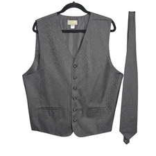Steven Land Vest and Matching Tie Men's Large Formal V-neck Dark Gray/Brown Tone