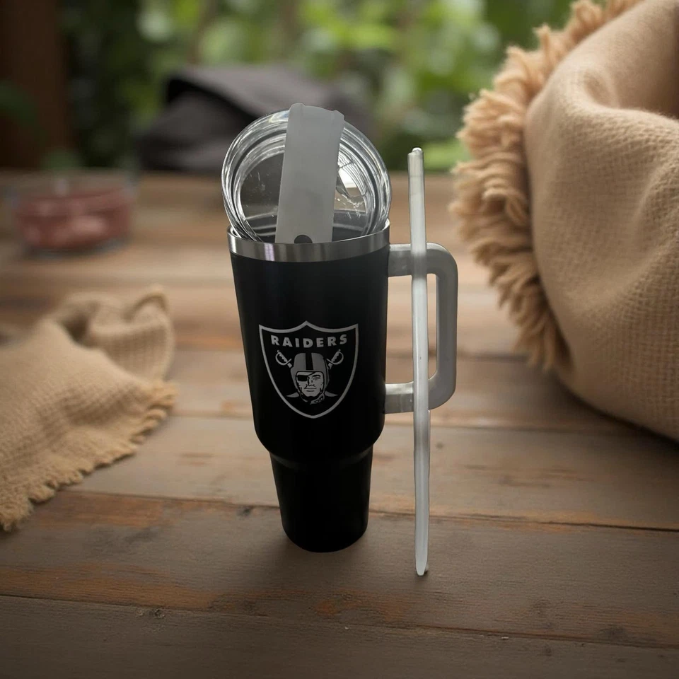 Taza térmica Raiders blanca y negra 40 OZ NFL con pajita lavable Foto 3 de 4