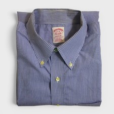 Brooks Brothers Madison Button Down Dress Shirt 17 35 Blue Check Plaid Cotton
