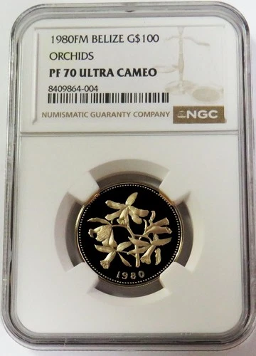1980 FM GOLD BELIZE $100 ORCHIDS PROOF NGC PF 70 UC