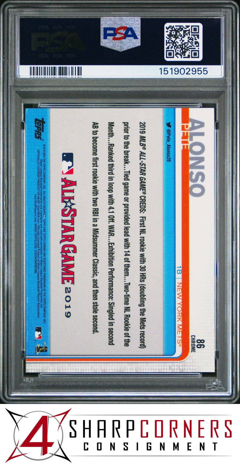 2019 TOPPS CHROME UPDATE #86 PETE PETER ALONSO RC METS PSA 10 view 2
