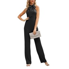 Boohoo Women Black Sleeveless Bow Halter Jumpsuits High Waist Size 4