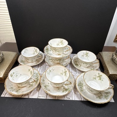 Limoges Theo Haviland 7 cups saucers Schleiger 150b Green Floral wGold 1903-1925