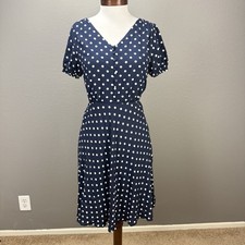 J. Crew Navy Blue White Polka Dot Dress Sz 0 V-Neck Puff Sleeve Short Sleeve