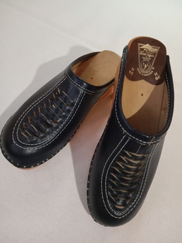 BASTAD TOFFEIN Wood Clogs EU 39 Women's 8/8.5 Navy Blue Anatomisk Leather Sweden