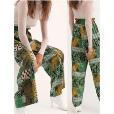 Free People Green & Gold Patchwork Paisley Wide-Leg Pants