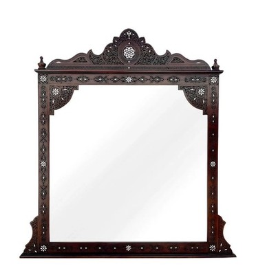 Moorish Mother of Pearl Inlaid Vanity Mirror Hand Carved Walnut Wood