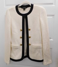 St. John Waffle Knit Jacket Ivory Textured Black Trim Sweater Blazer 2