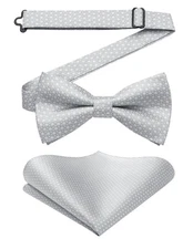 Bow Ties for Men Grey Polka Dot Bow Tie and Pocket Square Set Formal Silver P...