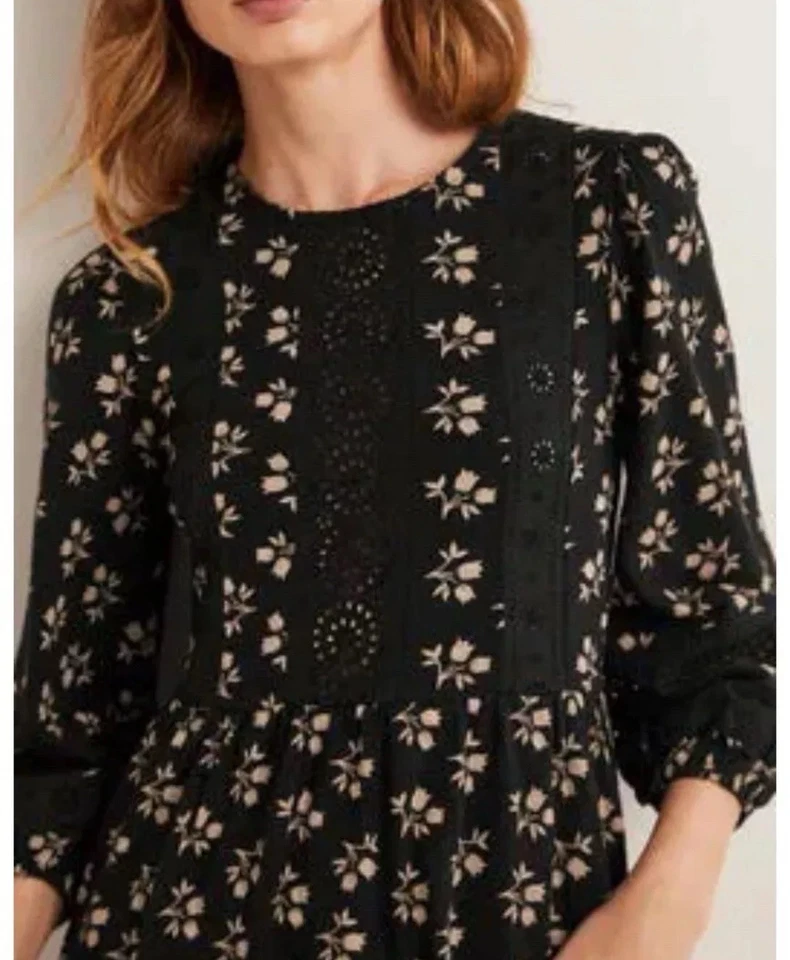 Boden Women Dress 3/4 Sleeve Boho Prairie Black Floral Print Pockets Size US8 8R - Image 2 of 4