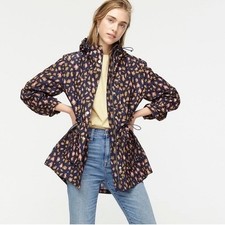 J. CREW Perfect Rain Jacket Leopard Print Navy Blue Brown Pink Hooded XX-Small