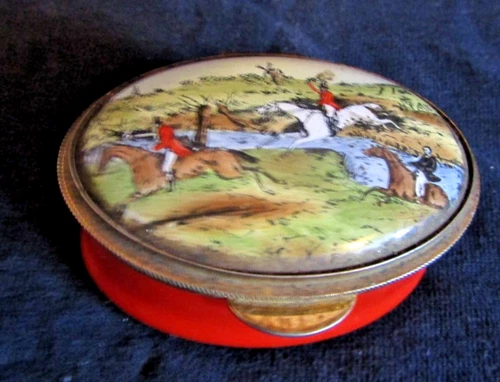 Vintage Staffordshire Enamels Battersea Fox Hunt Trinket Pill Box