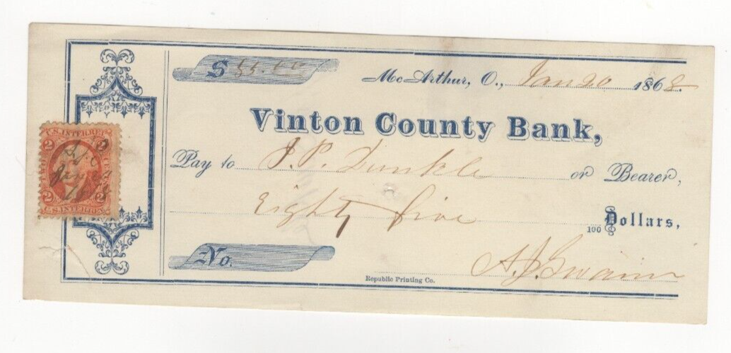 1868 Vinton County Bank check mcarthur, ohio orange 2 cent stamp eBay