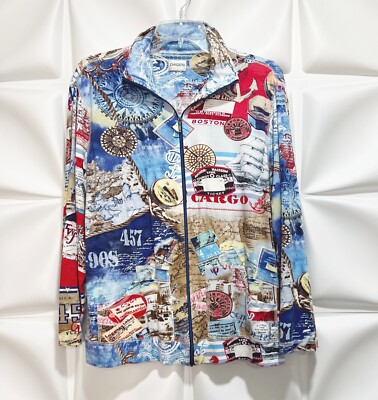 Chico's 1 Sz M Blue Nautical Map Compass Zip Up Stretch Jacket Womens RARE