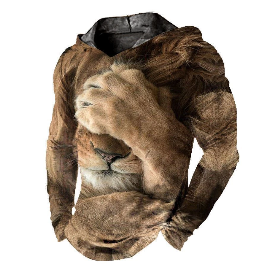 Men Hoodie Pullover Hooded T Shirts Lion 3D Graphic Brown Ultra Soft LightWeight