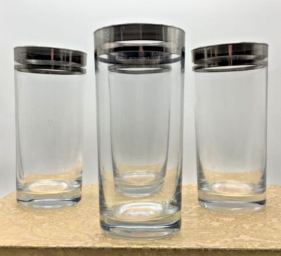 Silver Rim Double Band High Ball Glasses, 6 ,  Vintage, MCM, Set of 4