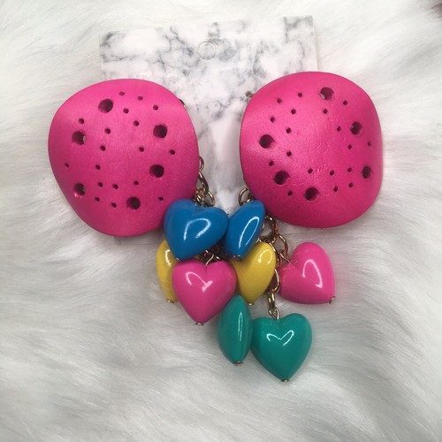 Vintage 80s Hot Pink Wood Wafer Puffed Heart Dangle 2 Pair New Wave Earring Set