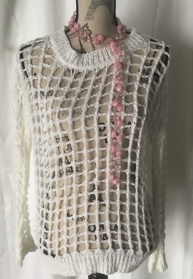 WHITE CROCHET SWEATER Long Sleeve Medium Knit Women's SZ S-UNBEATABLE PRICES