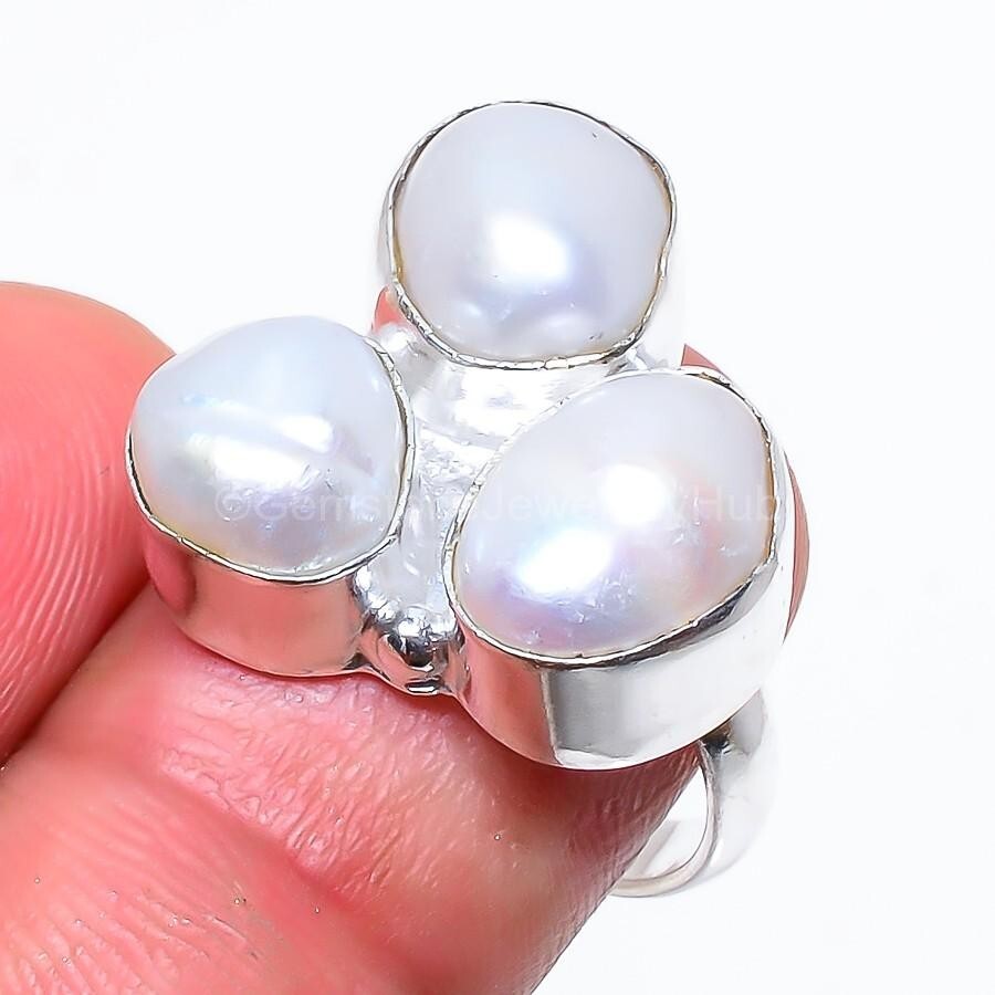 925 Sterling Silver Plated River Pearl Stone Wife Statement Ring