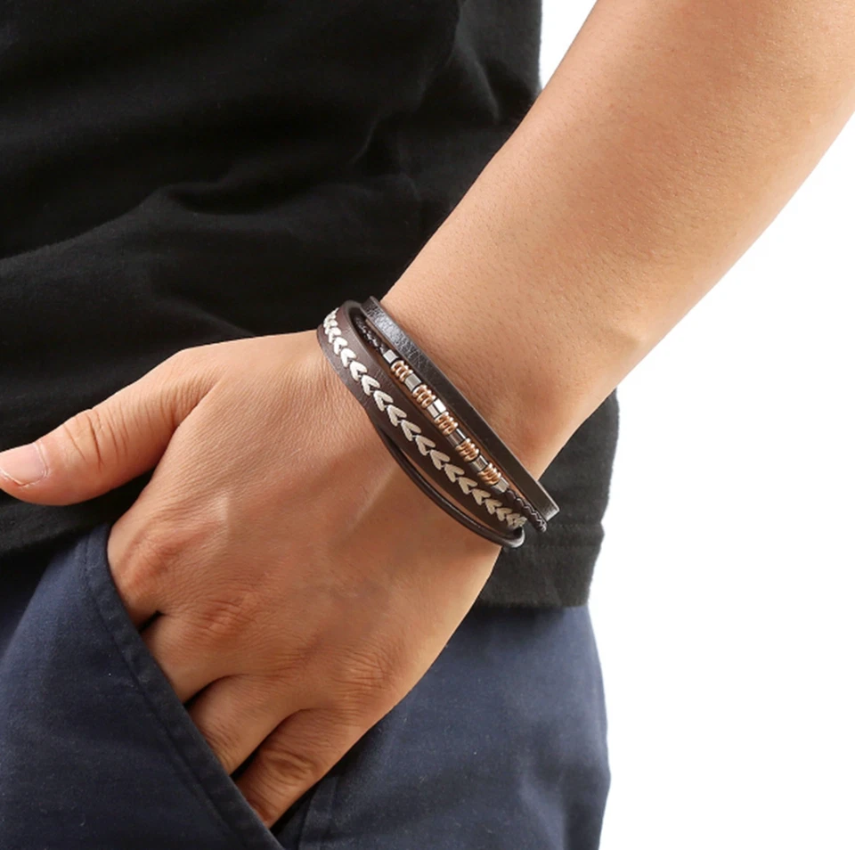 Pulsera de cuero genuino marrón 4 bandas cuerda de cera flecha blanca de 24 mm para hombre 8" Foto 4 de 4