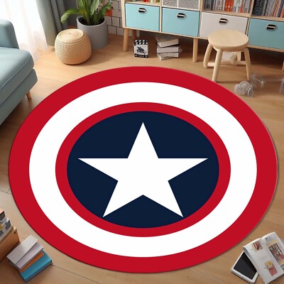 Round Superhero Shield Rug, Captain America Shield Rug, Red White Blue Star Rug,