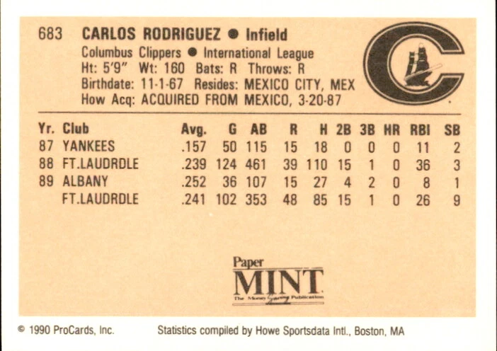 1990 Columbus Clippers ProCards #683 Carlos Rodriguez Mexico City Baseball Card - Image 2 of 2