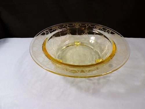 Hocking Yellow Depression Glass Cameo Ballerina Large Round Footed Serving Bowl
