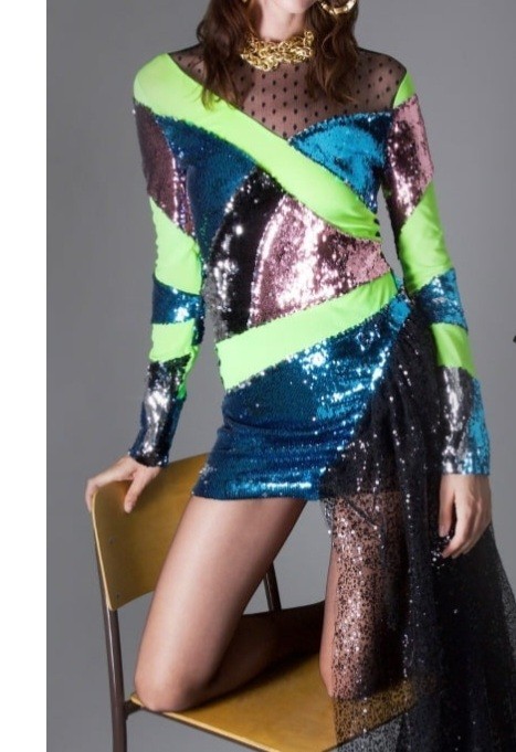 Banjul Vibrant Sequin Long Sleeve Dress Colorblock Disco Grunge 80's Punk Sparks