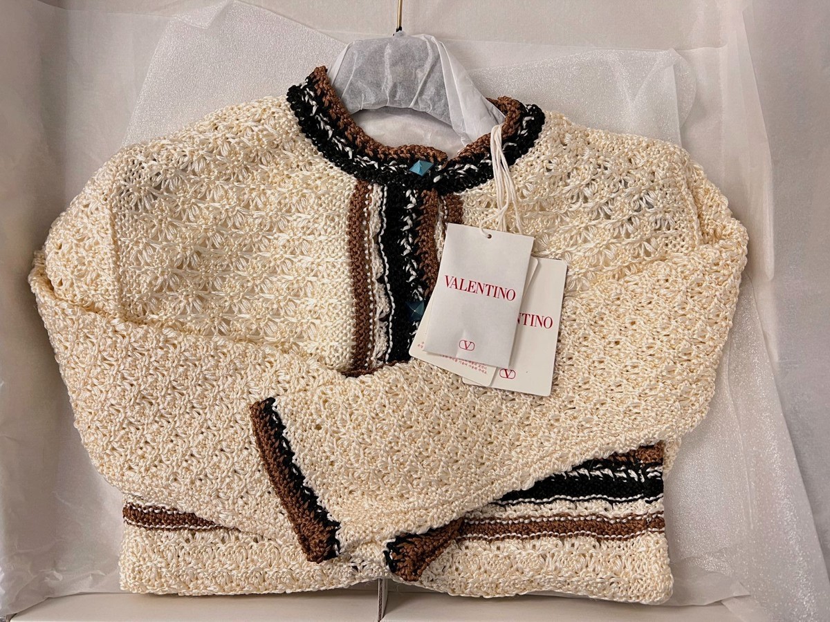 Valentino Women's Ivory Open Crochet-Knit Button Up Cardigan