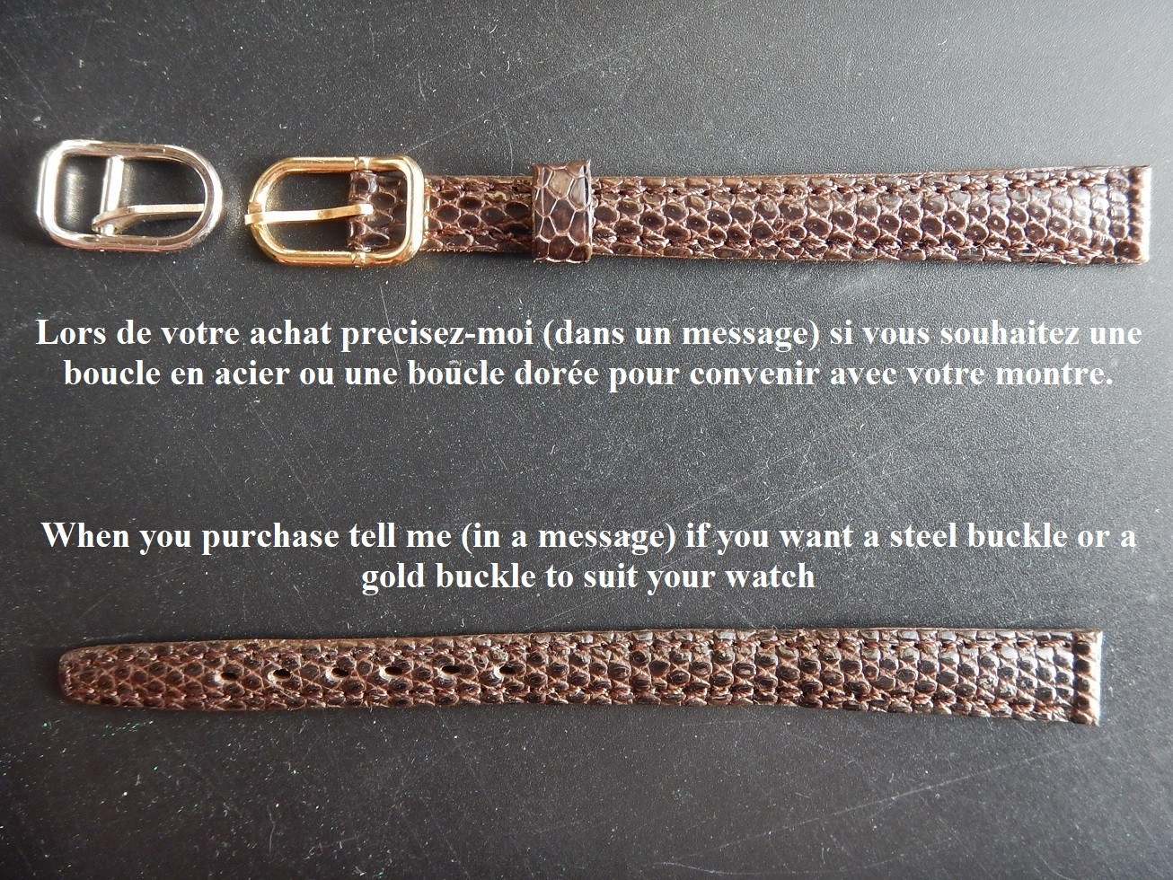 Bracelet montre 10mm en lézard marron foncé XL long pour adapter sur les grands poignets