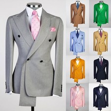 Men Jackets Blazers Coats Slim Fit Double Breasted Formal Peak Lapel Groom Prom