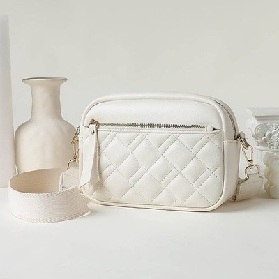 Women White Quilted Crossbody Camera Bag Wide Guitar Strap Gold Hardware Handbag