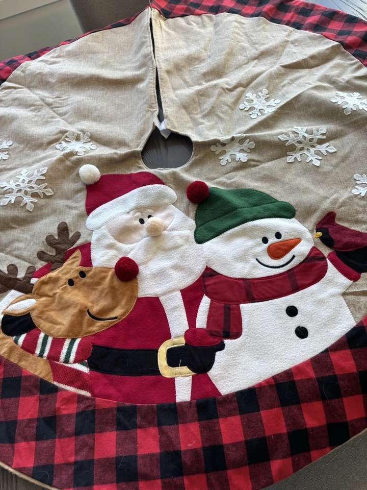 Christmas Tree Skirt Burlap Lined Santa Snowman Reindeer 46” Embroidered - Image 2 of 4