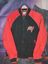 Tampa Bay Buccaneers Jacket Mens Large Black Red Suede Leather Varsity Bomber