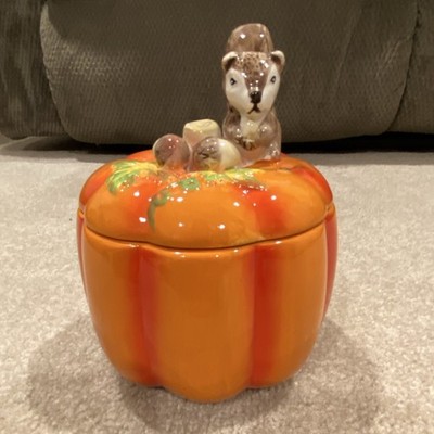 Ceramic Pumpkin Cookie Jar with Squirrel Lid, Autumn Decor