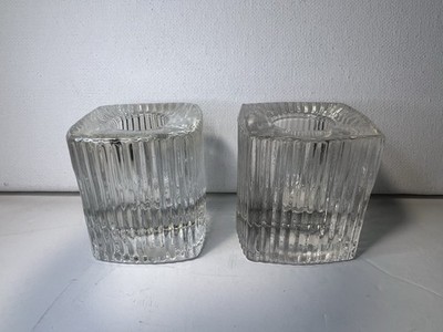 Ribbed Square Cubed Glass Taper Candle Holders Set Of 2