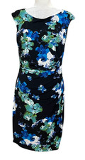 Lauren Ralph Lauren Women Floral Sheath Dress Size 12 Blue Black Ruched Stretch