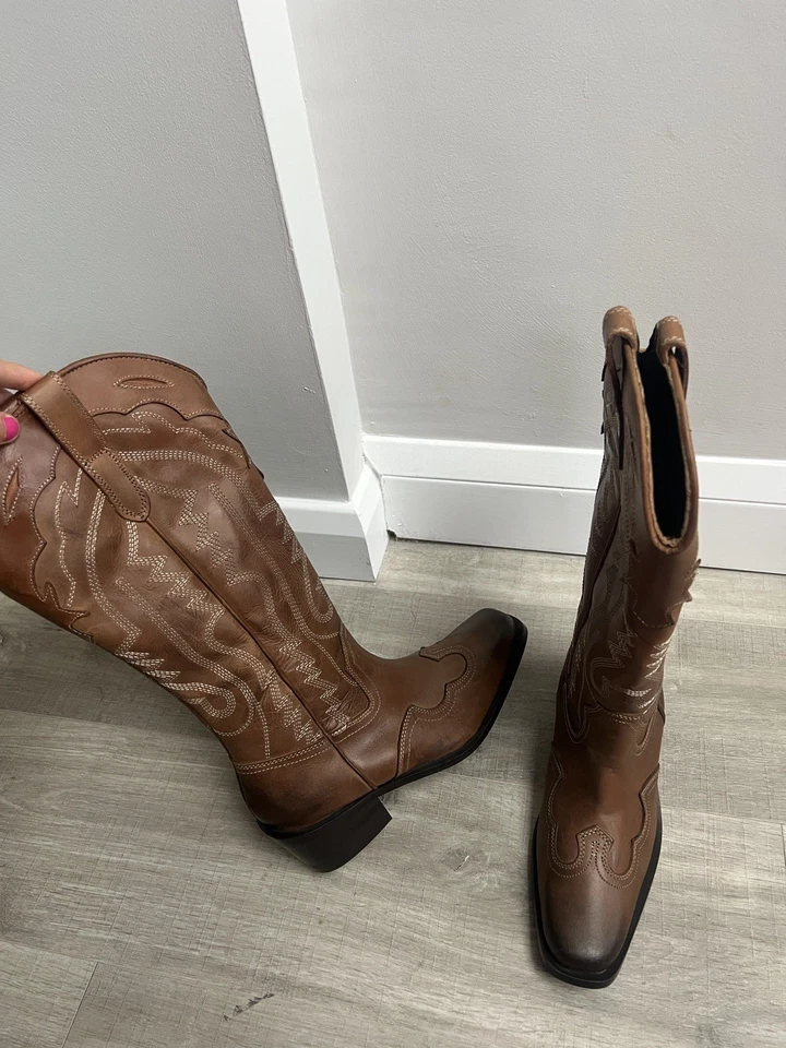 Urban Outfitters Cowboy Tan Dallas Western Leather Boots Western In Brown UK 4 - Image 2 of 4