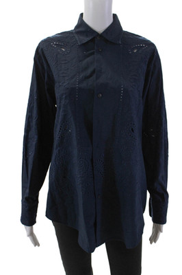 Rag & Bone Women's Long Sleeves Embroidered Button Down Shirt Navy Blue Size XS