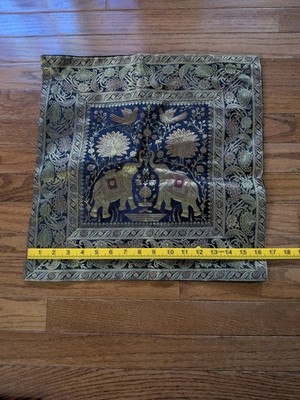 Indian Silk Brocade Pillow Cover In Navy With Gold Embroidery New From Jaipur