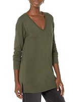 Damen Tunika-Pullover L V-Ausschnitt Langarm Dunkel OlivgrüN Amazon Essentials