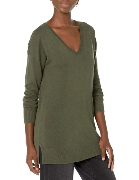 Damen Tunika-Pullover L V-Ausschnitt Langarm Dunkel OlivgrüN Amazon Essentials-image