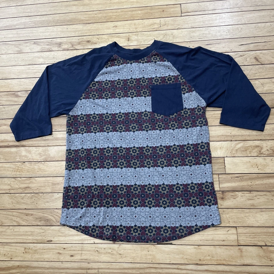 Camisa Retrofit Estampado Azteca Hombres XL Azul Gris Rojo Suroeste Manga de Béisbol 3/4 Foto 3 de 4