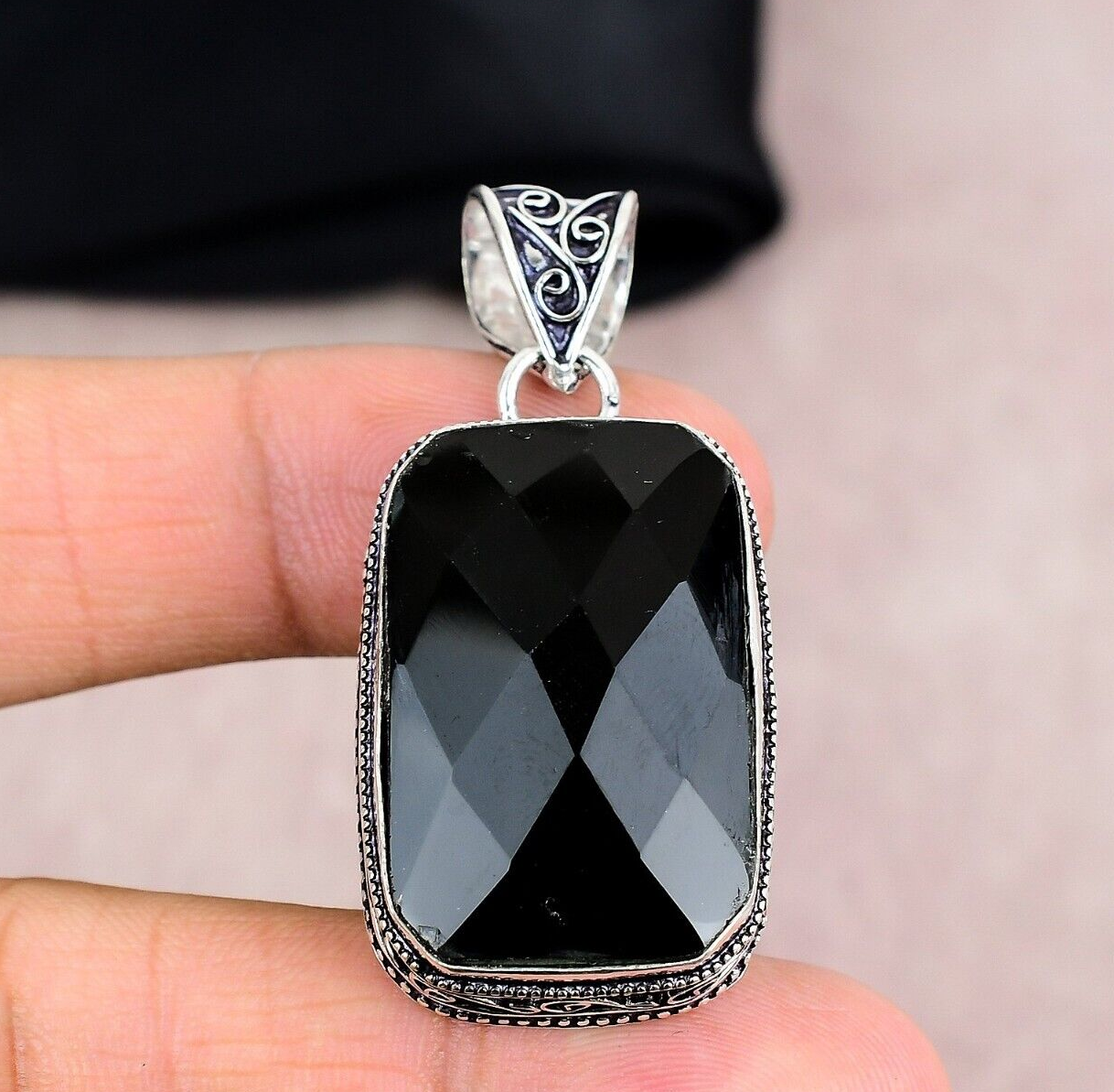 Black Onyx Gemstone Pendant in 925 Sterling Silver Handmade Jewelry Gift