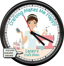 Personalized Crafting Makes Me Happy Sewing Quilting Room Art Sign Wall Clock