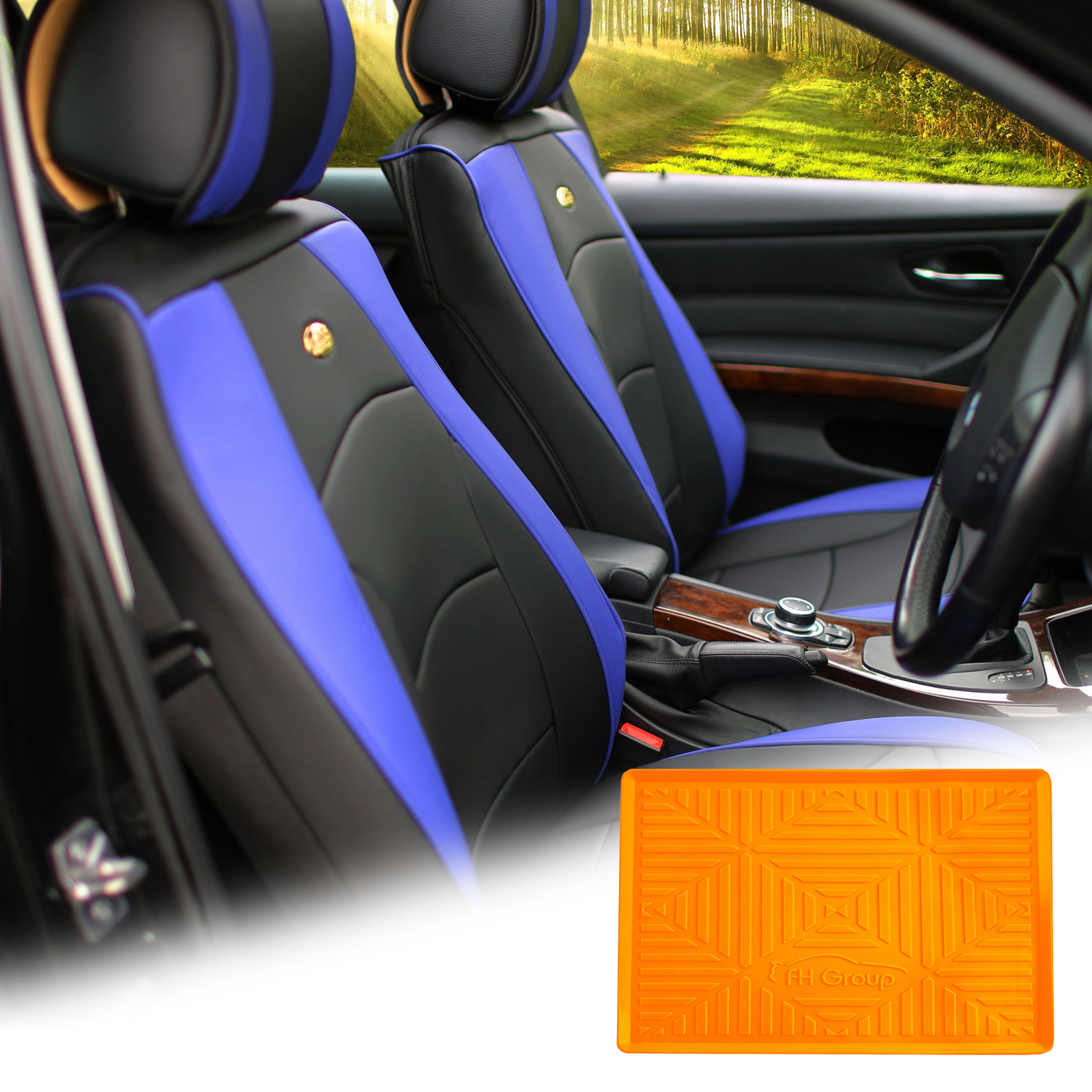 Leatherette Seat Cushion Covers Front Bucket Blue w/ Orange Dash Mat For SUV