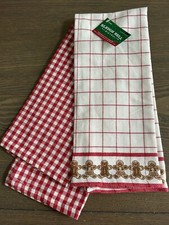 NWT Sleigh Bell red white gingerbread man checked kitchen dish towel set of 2
