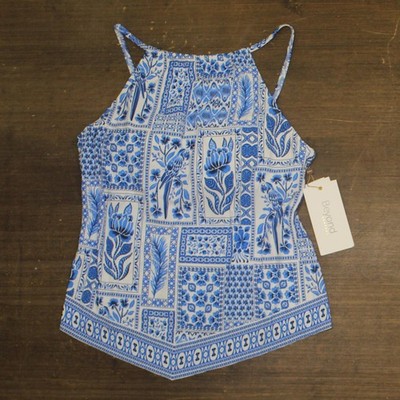 Beyond Control High Neck Tankini Top with Adjustable Straps Blue White Multi 16