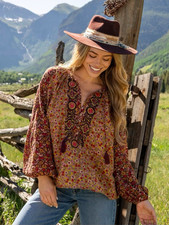 Natural Life Peasant Boho Floral Tassel Blouse Top Womens XS Embroidered Prairie