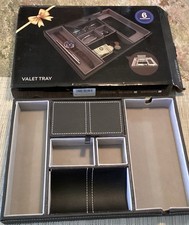 Men's Valet Tray Black Faux Leather With Gray Lining 6 Compartments New 14”X 10”